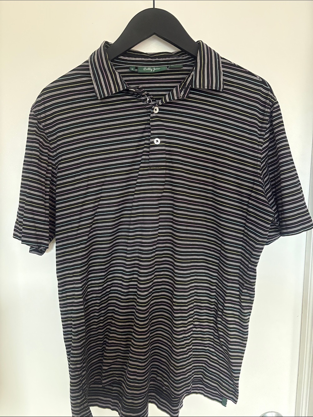 Bobby Jones Black Golf Polo with Thin White and Gray Stripes 100% cotton